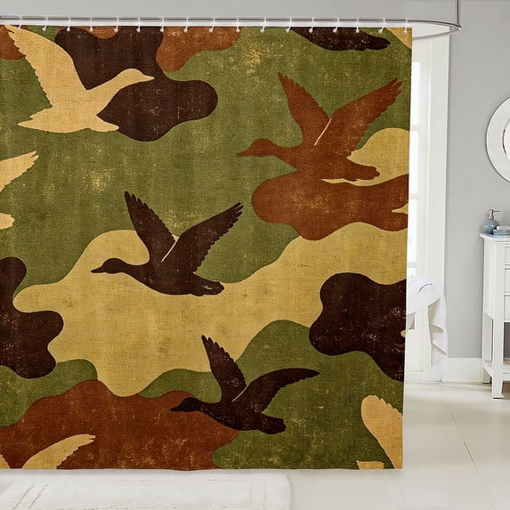 Manfei Jungle Duck Animal Shower Curtain 72Wx72L, Mid Century Camouflage Shower Curtain 72Wx72L, Woodland Green
