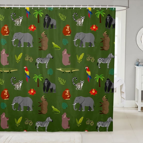 Manfei Jungle Elephant Shower Curtain 72Wx84L, Kawaii Wildfife Bathroom Shower Curtain, Green