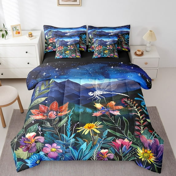 Feelyou Jungle Floral Bedding Comforter Set 7 Pieces, Plant Botanical Full Bedding Set, Psychedelic Galaxy Fitted Sheet Flat Sheet, Super Cozy Room Decoration