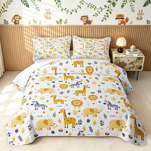 Manfei Jungle Giraffe Elephant Bed Spread Queen, Cartoon Lion Zebra Queen Coverlet Set, White Orange, Polkadot Reversible, 3pcs, 1 Quilt and 2 Pillowcases