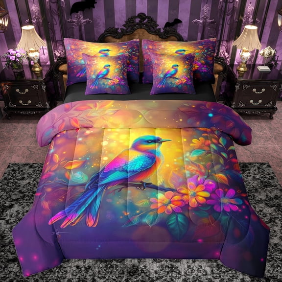 Manfei Jungle Hummingbird Animal Bedding Comforter Set 7pcs, Cartoon Rustic Bird King Bedding Sets, Western Bohemian Style Reversible Bed Sheets, Lightweight Room Decor