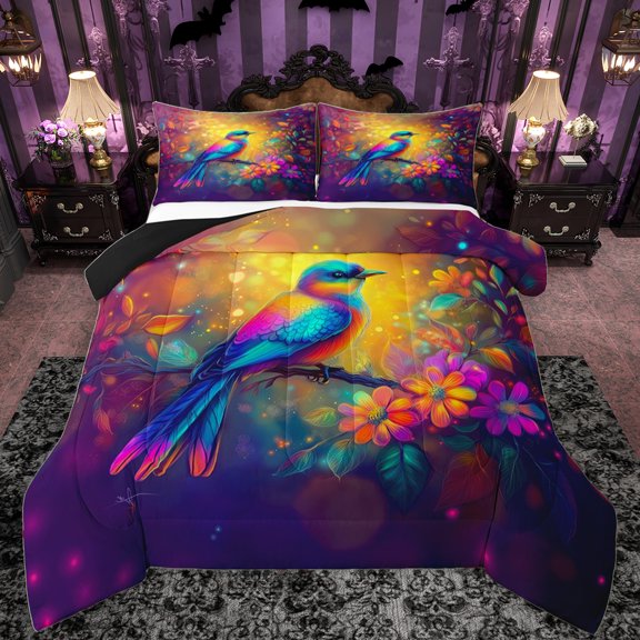Manfei Jungle Hummingbird Animal Queen Comforter Set, Cartoon Rustic Bird Bedding Sets, Western Bohemian Style Reversible Bedding Comforter Set, Lightweight Room Decor, 3 Pieces