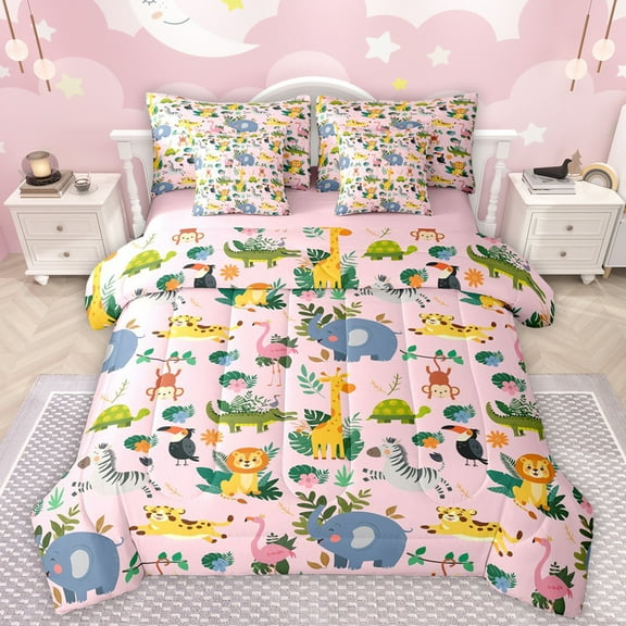 Manfei Jungle Leopard 7-Piece Queen Bedding Set Zoo Giraffe Elephant Breathable Reversible Decor For Teens