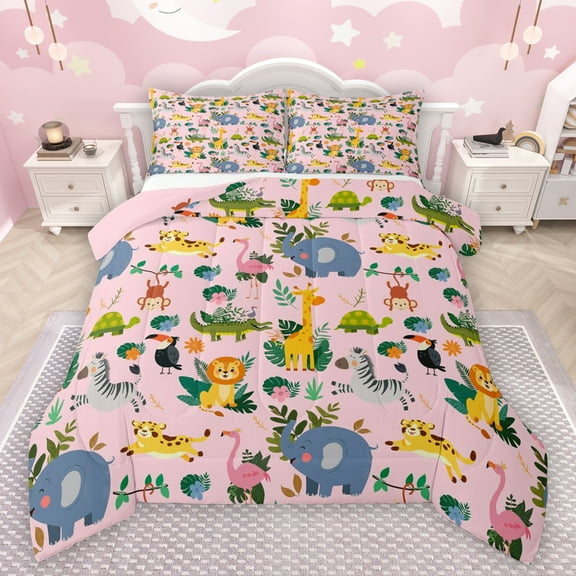 Manfei Jungle Leopard Cheetah Full Size Comforter Sets,Zoo Giraffe Zebra Bedding Comforter Set,Cute Cartoon Elephant Bedding Sets For Teens,Breathable Home Decor Reversible,3pcs