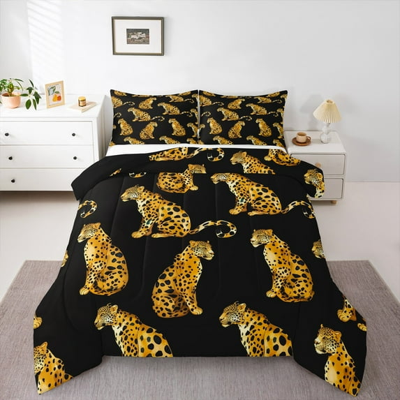 Manfei Jungle Leopard Child Queen Comforter Set, Black Brown Bedding Comforter Set, Kawaii Cheetah Animal Reversible Bedding Set, Microfiber Bedroom Decor, 3 Pieces
