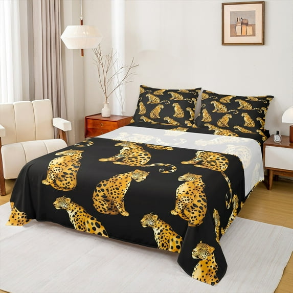 Manfei Jungle Leopard Child Queen Sheet Sets, Black Brown Flat Sheet, Kawaii Cheetah Animal Queen Fitted Sheet, Microfiber Bedroom Decor, 4 Pieces