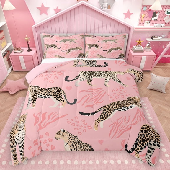 Homewish Jungle Leopard Wildlife Bedding Comforter Set, Pink Cheetah Zebra Print Twin Comforter Sets, Modern Fashion Reversible Bedding Set, Ultra Soft Bedroom Decor, 2-Piece