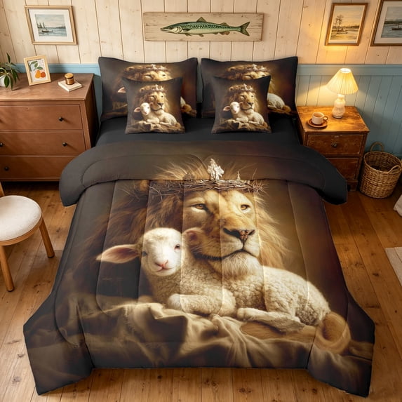 Manfei Jungle Lion Sheep Full Size Bedding Sets, Vintage Western Bible Full Size Bed in a Bag, Dark Brown, Black Reversible, 7pcs