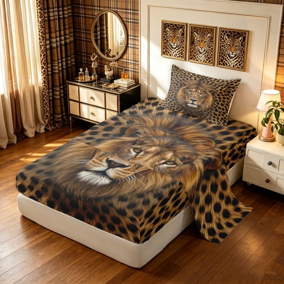 Manfei Jungle Lion Twin Sheets, Fashion Leopard Print Bedding, Dark Brown, 3 Pieces, 1 Flat Sheet, 1 Fitted Sheet and 1 Pillowcase