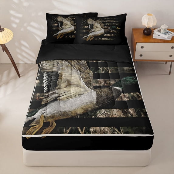 Manfei Jungle Mallard Duck Zipper Queen Comforter Set with Fitted Sheet and 2 Pillowcases,Retro Camouflage Us Flag Zipper Bedding Set,Black,Black Reversible,4pcs