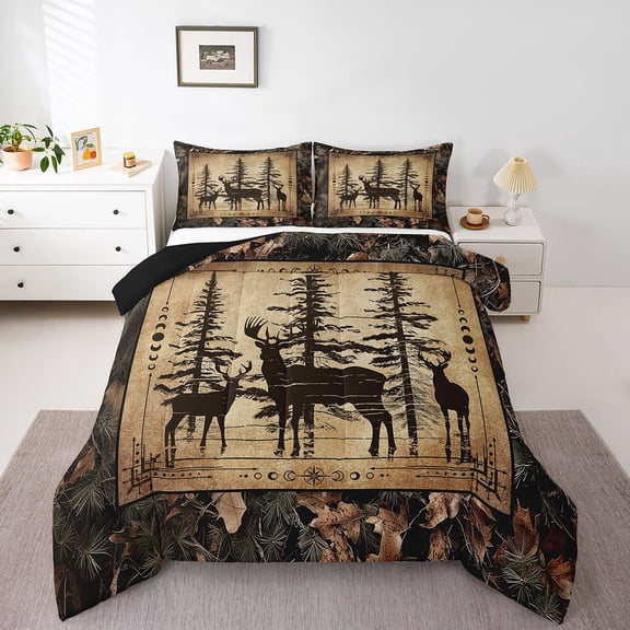 Manfei Jungle Moose Deer Bedding Comforter Set for Teens, Rustic Camouflage Camo Hunting King Comforter Sets, Woodland Wildlife Animal Reversible Bedding Set, Microfiber Bedroom Decor, 3pcs