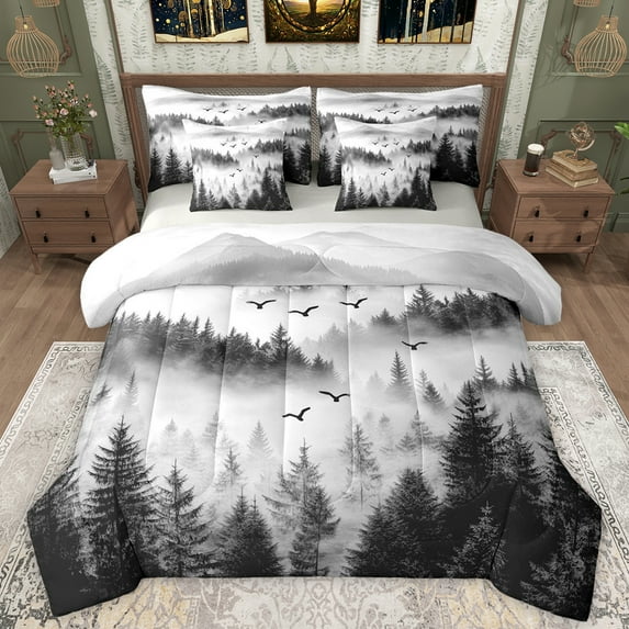 Manfei Jungle Nature Scenery Bedding Comforter Set 7pcs, Grey Mountain Pine Tree King Bedding Sets, Retro Natural Landscape Reversible Bed Sheets, Ultra Soft Bedroom Decor