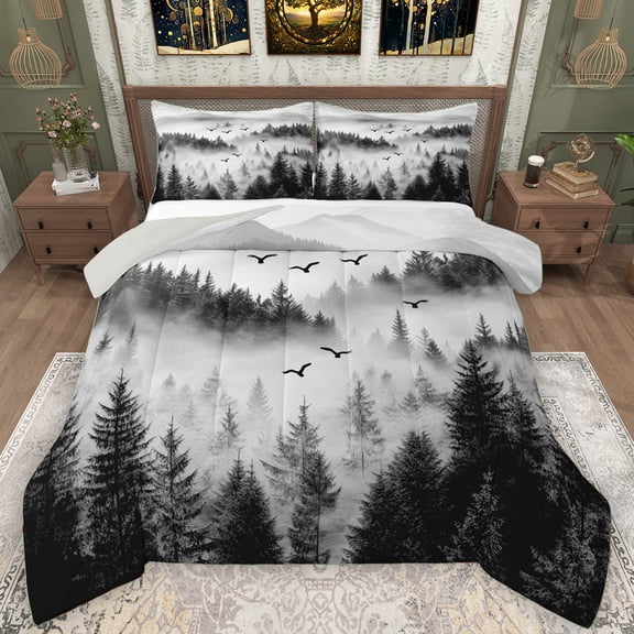 Manfei Jungle Nature Scenery Queen Comforter Set, Grey Mountain Pine Tree Bedding Sets, Retro Natural Landscape Reversible Bedding Comforter Set, Ultra Soft Bedroom Decor, 3pcs