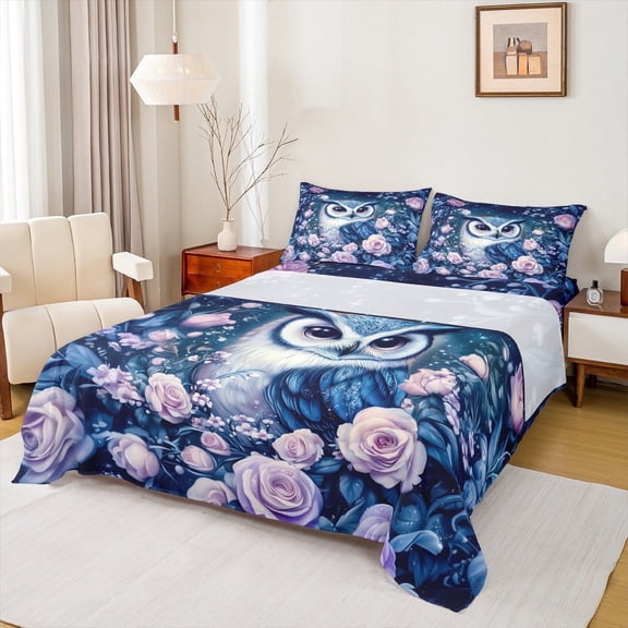 Manfei Jungle Owl Bed Sheets Set Twin Size, Romantic Pink Rose Bed Sheets Twin, Dreamy Animal Bedding Twin Size, Breathable Bedroom Decorative, 3pcs