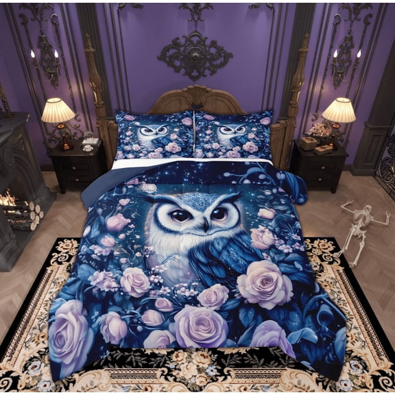 Manfei Jungle Owl Comforter Sets Twin Size, Romantic Pink Rose Comforters & Duvets, Dreamy Animal Reversible Bedding Twin Comforter Set, Breathable Bedroom Decorative, 2pcs