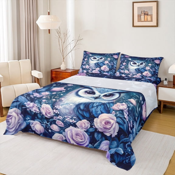 Manfei Jungle Owl Full Sheet Sets, Romantic Pink Rose Sheet Set Full, Dreamy Animal Bed Sheets Set Full Size, Breathable Bedroom Decorative, 4pcs