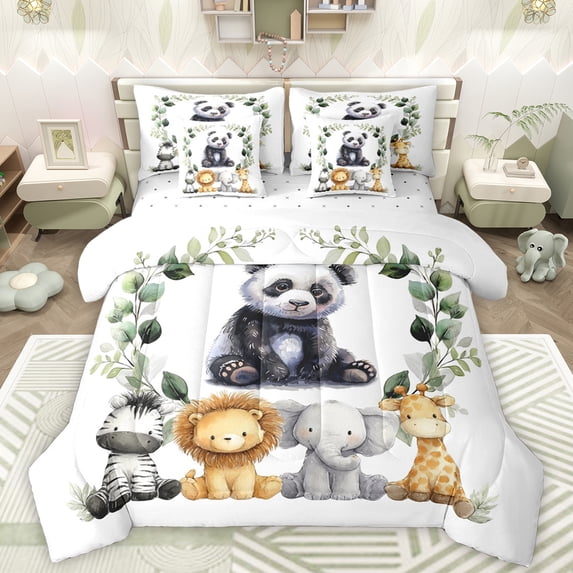 Manfei Jungle Panda 7 Pieces Bedding Comforter Set,Rustic Plant Leaf Full Bedding Set,Zoo Elephant Zebra Fitted Sheet Flat Sheet For Teens,Luxury Bedroom Decor Reversible