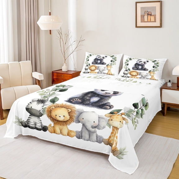 Manfei Jungle Panda Bed Sheets,Rustic Plant Leaf King Sheets,Zoo Elephant Zebra Sheet Set For Teens,Luxury Bedroom Decor,4 Pieces