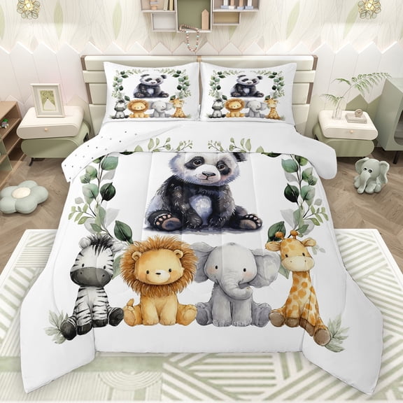 Manfei Jungle Panda Bedding Comforter Set,Rustic Plant Leaf Twin Comforter Sets,Zoo Elephant Zebra Bedding Set For Teens,Luxury Bedroom Decor Reversible,2 Pieces