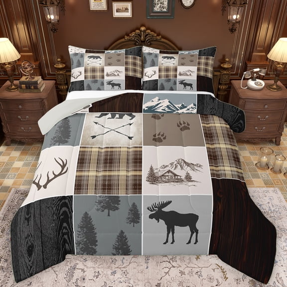 Manfei Jungle Reindeer Moose Full Size Comforter Sets for Men, Vintage Patchwork Bedding Comforter Set, Rustic Farmhouse Theme Reversible Bedding Sets, Luxury Bedroom Decor, 3-Piece
