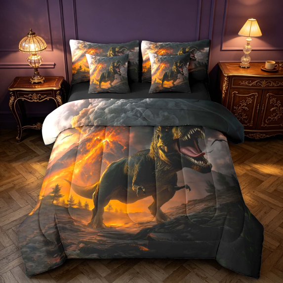 Manfei Jungle T-Rex Wildlife 7 Pieces Full Size Bedding Sets,Retro Dino Animals Full Size Bed in a Bag,Orange Black,Black Reversible