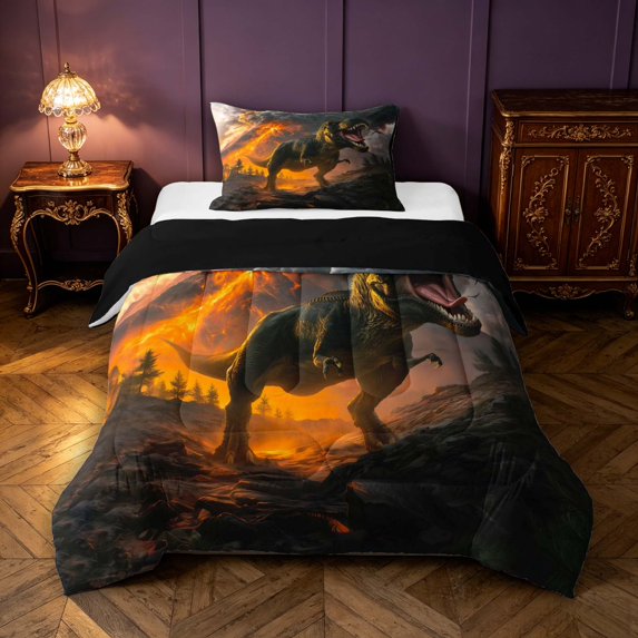 Manfei Jungle T-Rex Wildlife Twin Comforter Sets,Retro Dino Animals Bedding Set,Orange Black,Black Reversible,2pcs,1 Comforter and 1 Pillowcase