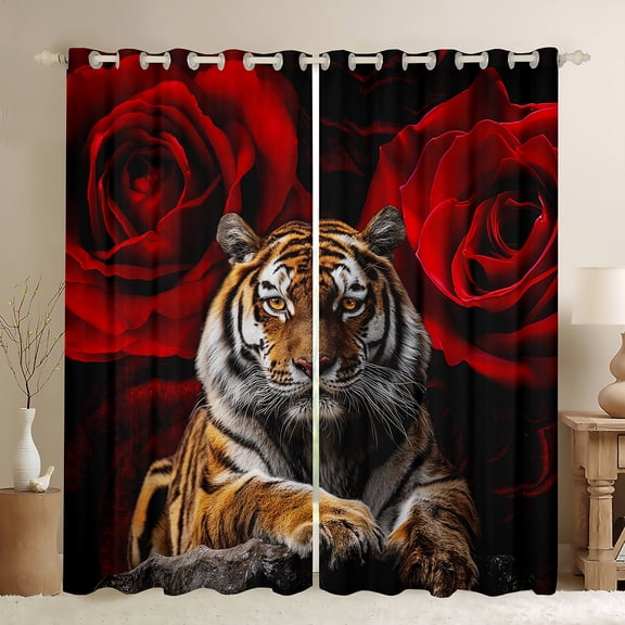 Manfei Jungle Tiger Black Out Curtains, Romantic Red Rose Curtains Pack of 2 (42x63 Each), Animal Floral Bedroom Curtains, Luxury Home Decor