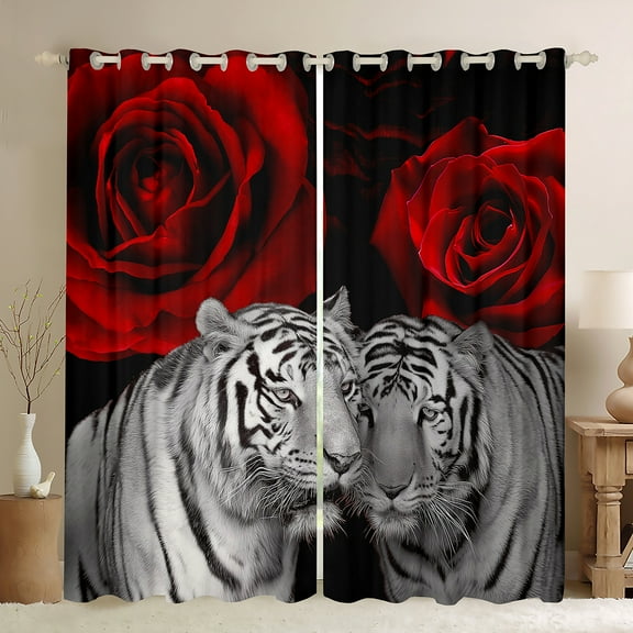 Manfei Jungle Tiger Black Out Curtains, Romantic Red Rose Curtains Pack of 2 (42x63 Each), Animal Floral Bedroom Curtains, Luxury Room Decor