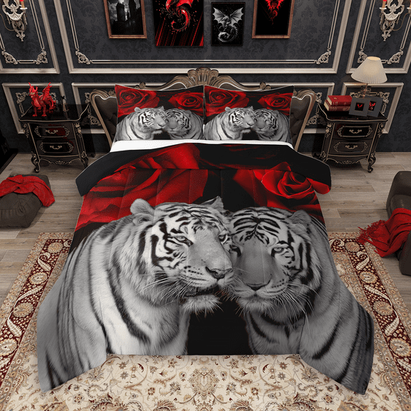 Manfei Jungle Tiger Queen Comforter Set 3 Pieces, Romantic Red Rose Bedding Sets, Animal Floral Bedding Comforter Set, Lightweight Room Decor