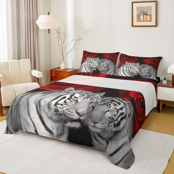 Manfei Jungle Tiger Twin Sheet Sets 3pcs, Romantic Red Rose Twin Fitted Sheet, Animal Floral Flat Sheet, Lightweight Room Decor