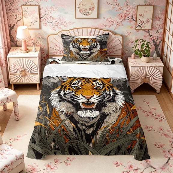 Manfei Jungle Tiger Twin Sheet Sets for Girls Women, Wild Leaves Bedding, Orange Green 3-Piece, 1 Flat Sheet, 1 Fitted Sheet and 1 Pillowcase