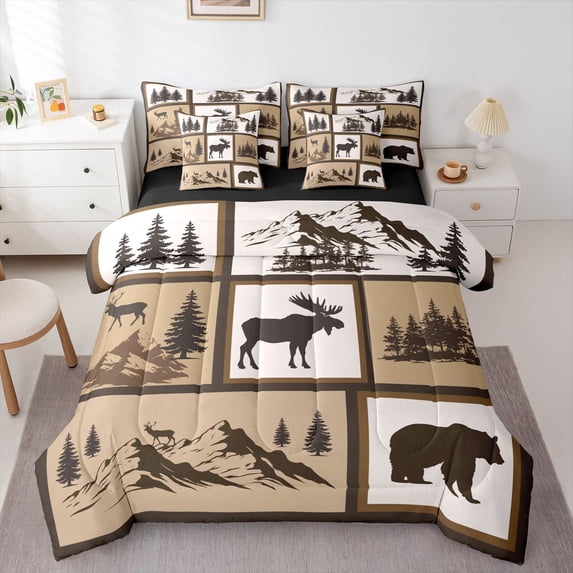 Manfei Jungle Wildlife 7-Piece Twin Bedding,Mountain Pine Bedding Comforter Set,Brown,Black Reversible