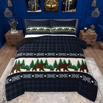 Manfei Jungle Wildlife Bear Bedding Comforter Set,Rustic Farmhouse Cabin Twin Comforter Sets,Blue Black Checkered Bedding Set For Men Women,Breathable Home Decor Reversible,2-Piece