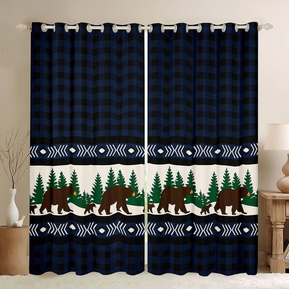 Manfei Jungle Wildlife Bear Curtains Pack of 2 (42x84 Each),Rustic Farmhouse Cabin Curtains Blackout,Blue Black Checkered Bedroom Curtains For Men Women,Breathable Home Decor
