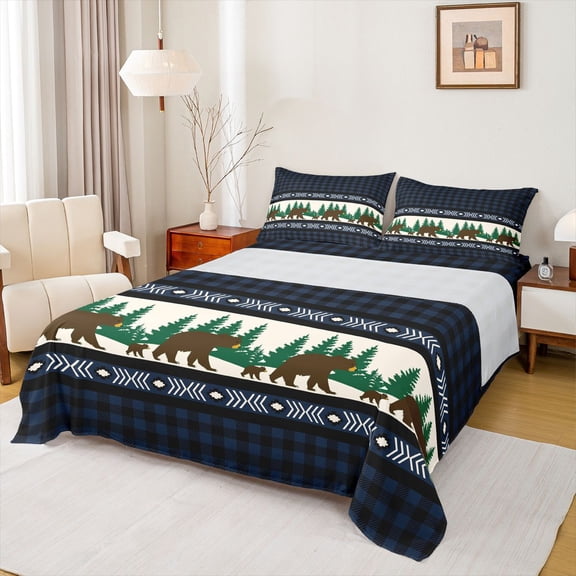 Manfei Jungle Wildlife Bear Twin Sheet Sets,Rustic Farmhouse Cabin Twin Fitted Sheet,Blue Black Checkered Flat Sheet For Men Women,Breathable Home Decor,3-Piece