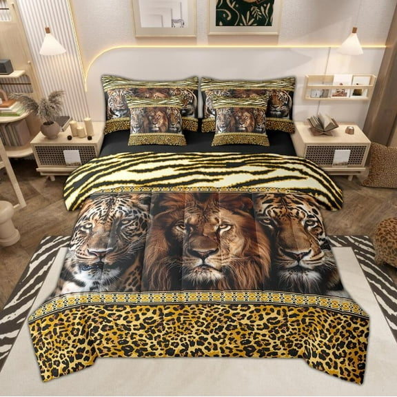 Manfei Jungle Wildlife Bedding Comforter Set 7 Pieces, Wild Lion Tiger Full Bedding Set, Brown Leopard Print Fitted Sheet Flat Sheet, Super Cozy Bedroom Decor