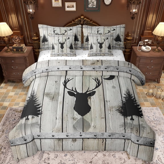 Manfei Jungle Wildlife Deer 7-Piece Twin Bedding Sets,Country Farmhouse Lodge Bedding Comforter Set,Old Barn Door Sheet Sets For Kids,Breathable Home Decor