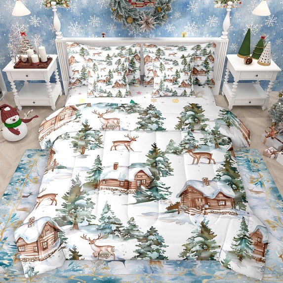Manfei Jungle Wildlife Deer 7 Pieces Bedding Comforter Set,Country Farmhouse Lodge Full Bedding Set,Brown White Green Fitted Sheet Flat Sheet For Kids,Breathable Home Decor Reversible