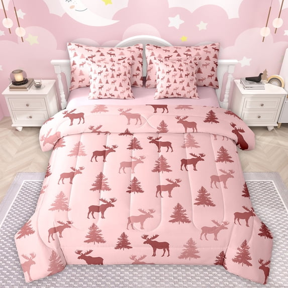Manfei Jungle Wildlife Deer 7pcs Bedding Comforter Set,Rustic Farmhouse Hunting Queen Bedding Sets,Cartoon Pine Tree Queen Sheet Sets For Kids,Breathable Home Decor Reversible