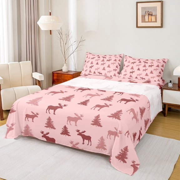 Manfei Jungle Wildlife Deer Bed Sheets,Rustic Farmhouse Hunting King Sheets,Cartoon Pine Tree Sheet Set For Kids,Breathable Home Decor,4 Pieces