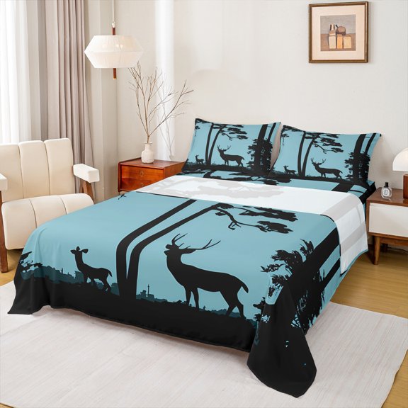Manfei Jungle Wildlife Deer Full Size Sheets, Rustic Farmhouse Animal Bed Sheets, Teen Adult Man Sheet Sets, Lightweight Room Decor, 4-Piece