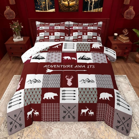 Manfei Jungle Wildlife Deer Queen Comforter Set,Country Farmhouse Lodge Bedding Sets,Outdoor Adventure Bedding Comforter Set For Kids,Breathable Home Decor Reversible,3pcs