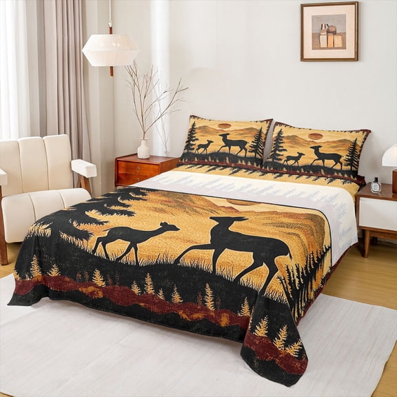 Manfei Jungle Wildlife Deer Twin Sheet Sets,Country Farmhouse Lodge Twin Fitted Sheet,Black Tan Flat Sheet For Kids,Breathable Home Decor,3-Piece
