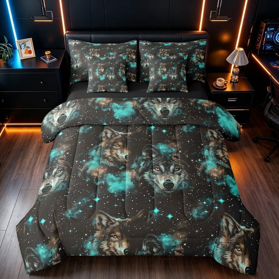 Manfei Jungle Wildlife Full Size Bedding Sets, Rustic Galaxy Wolf Full Size Bed in a Bag, Dark Brown Black, Black Reversible, 7pcs