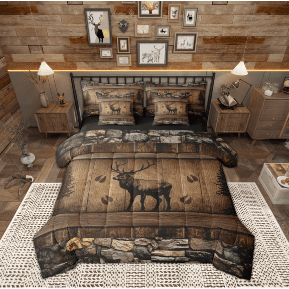 Manfei Jungle Wildlife Reindeer Twin Bedding Sets 7-Piece, Rustic Farmhouse Animal Bedding Comforter Set, Teen Adult Man Reversible Sheet Sets, Lightweight Room Decor