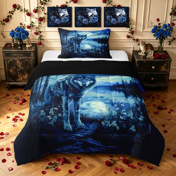 Manfei Jungle Wildlife Twin Comforter Sets, Farmhouse Wolf Bedding Set, Navy, Black Reversible, 2pcs, 1 Comforter and 1 Pillowcase