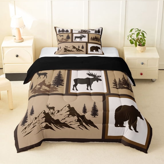 Manfei Jungle Wildlife Twin Comforter Sets,Mountain Pine Bedding Set,Brown,Black Reversible,2pcs,1 Comforter and 1 Pillowcase