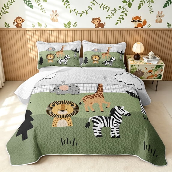 Manfei Jungle Wildlife Twin Quilt Set, Cartoon Lion Zebra Twin Coverlet Set, Sage Gray, Polkadot Reversible, 2 Pieces, 1 Bedspread and 1 Pillowcase