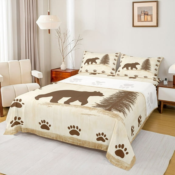 Manfei Jungle Wildlife Twin Sheet Sets,Cute Bear Paws Twin Fitted Sheet,Beige Brown Flat Sheet For Men Women,Microfiber Bedroom Decor,3-Piece