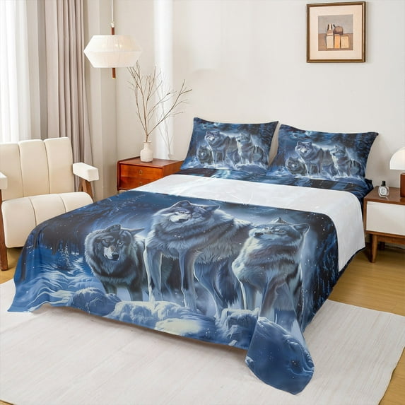 Manfei Jungle Wildlife Wolves Full Size Sheets,Woodland Animal Bed Sheets,Hello Winter Snow Pine Sheet Sets For Kids,Breathable Home Decor,4-Piece